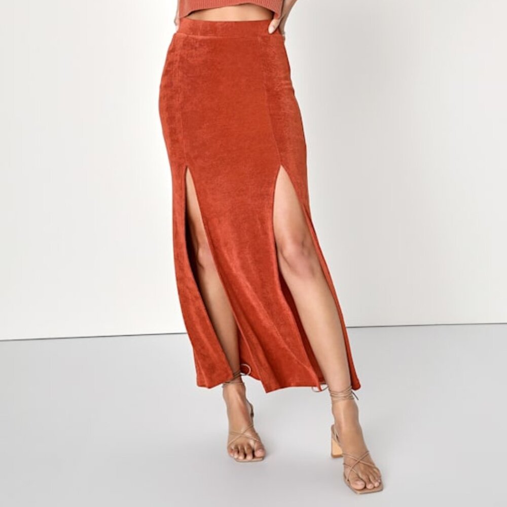 Lulus It's Slit Rust Orange High-waisted Slit Maxi Skirt - Size S